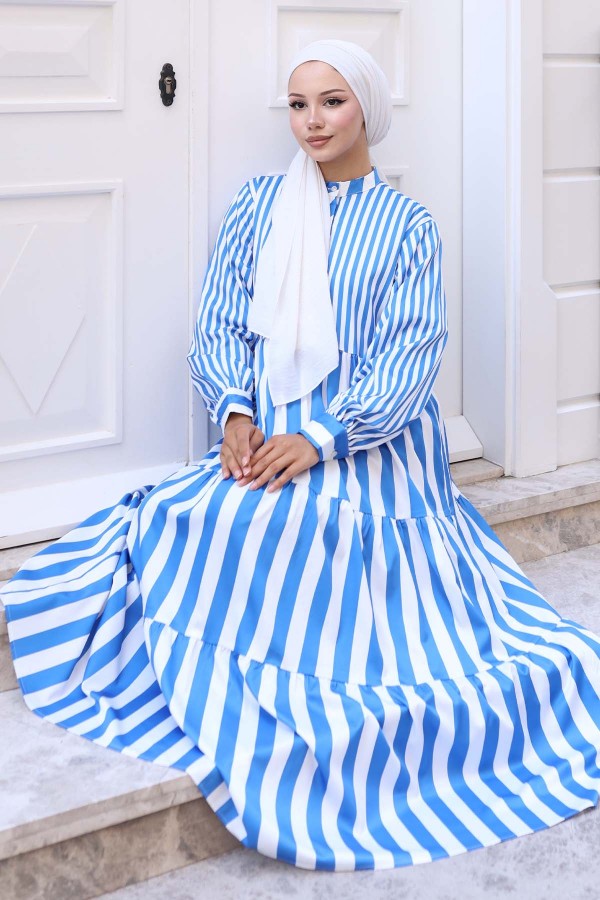 Çizgili Saten Elbise Mavi 2114