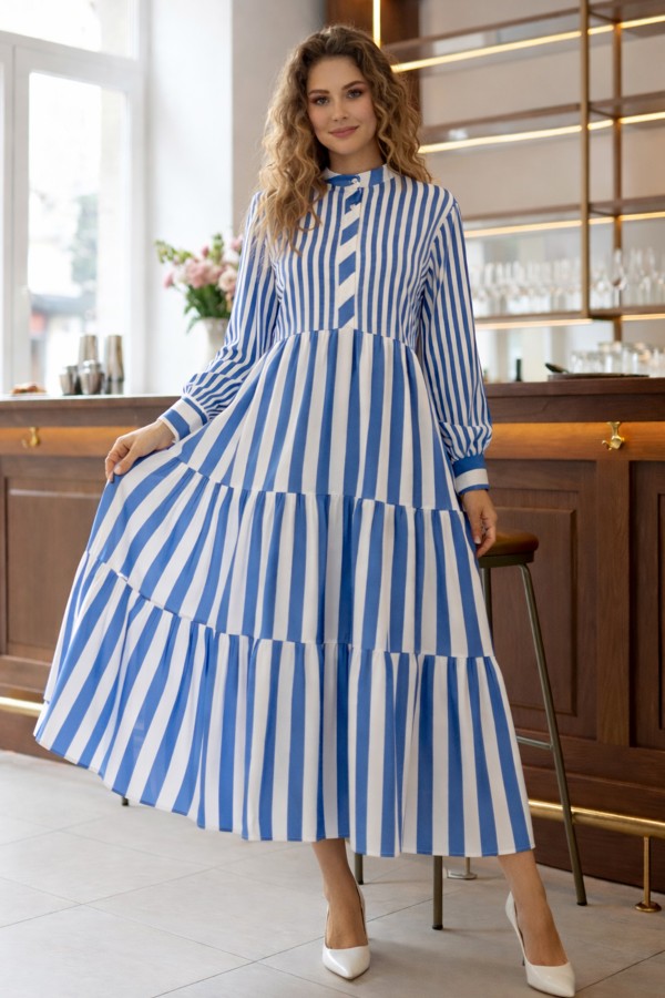 Çizgili Saten Elbise Mavi 2114
