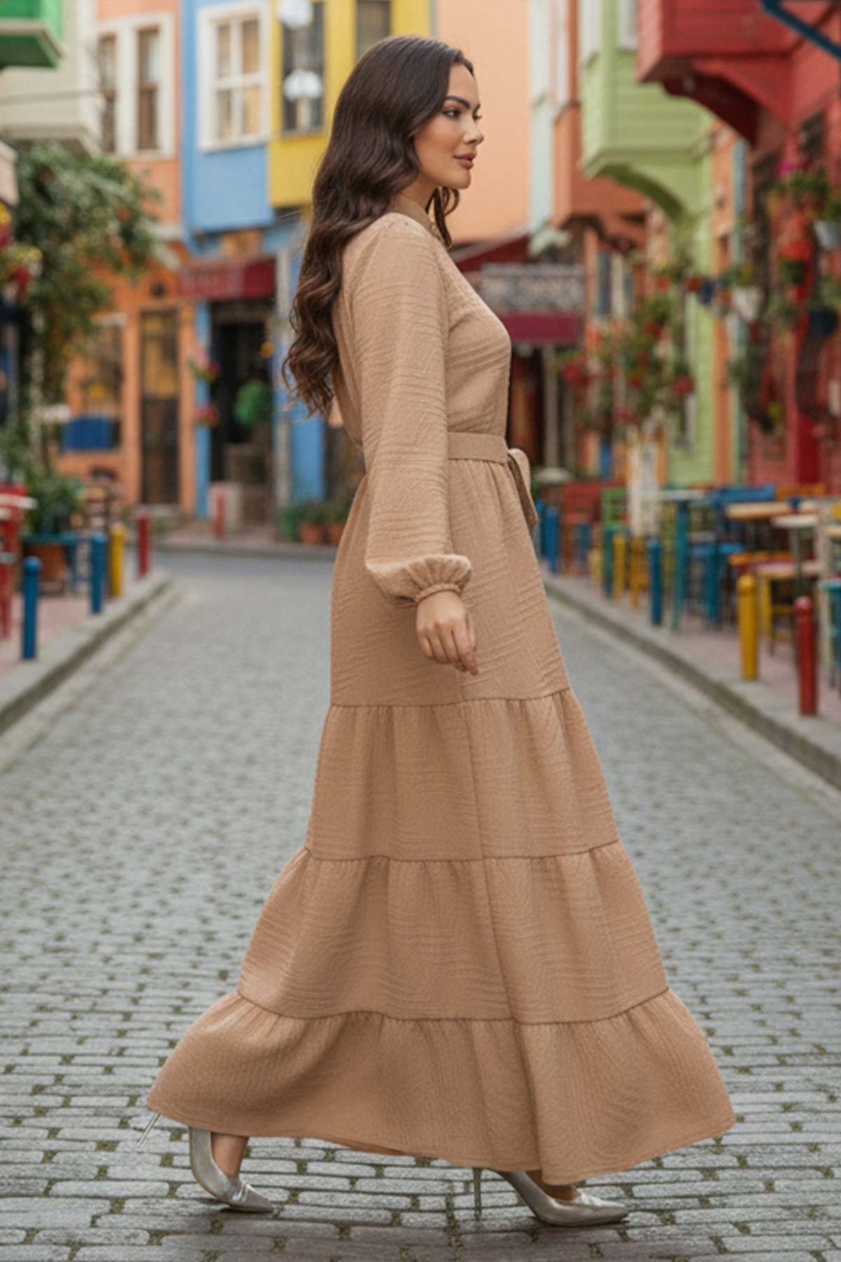 Kabartma Desenli Elbise Bej 2119