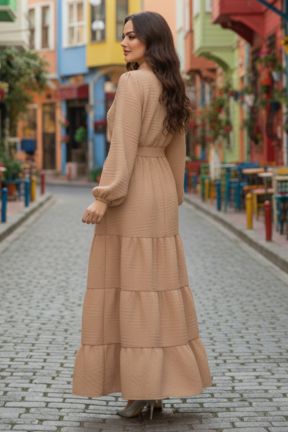 Kabartma Desenli Elbise Bej 2119