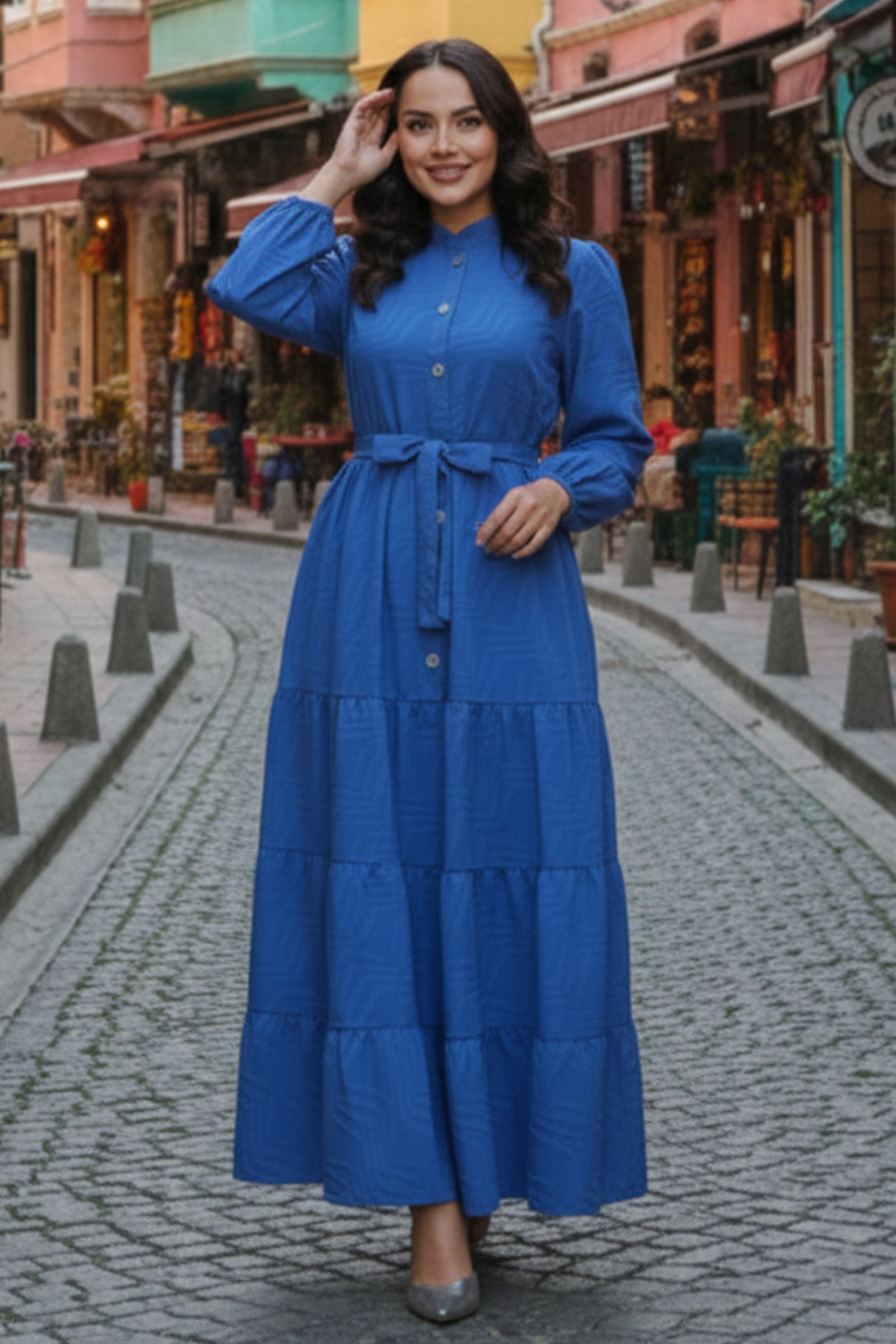 Kabartma Desenli Elbise Mavi 2119