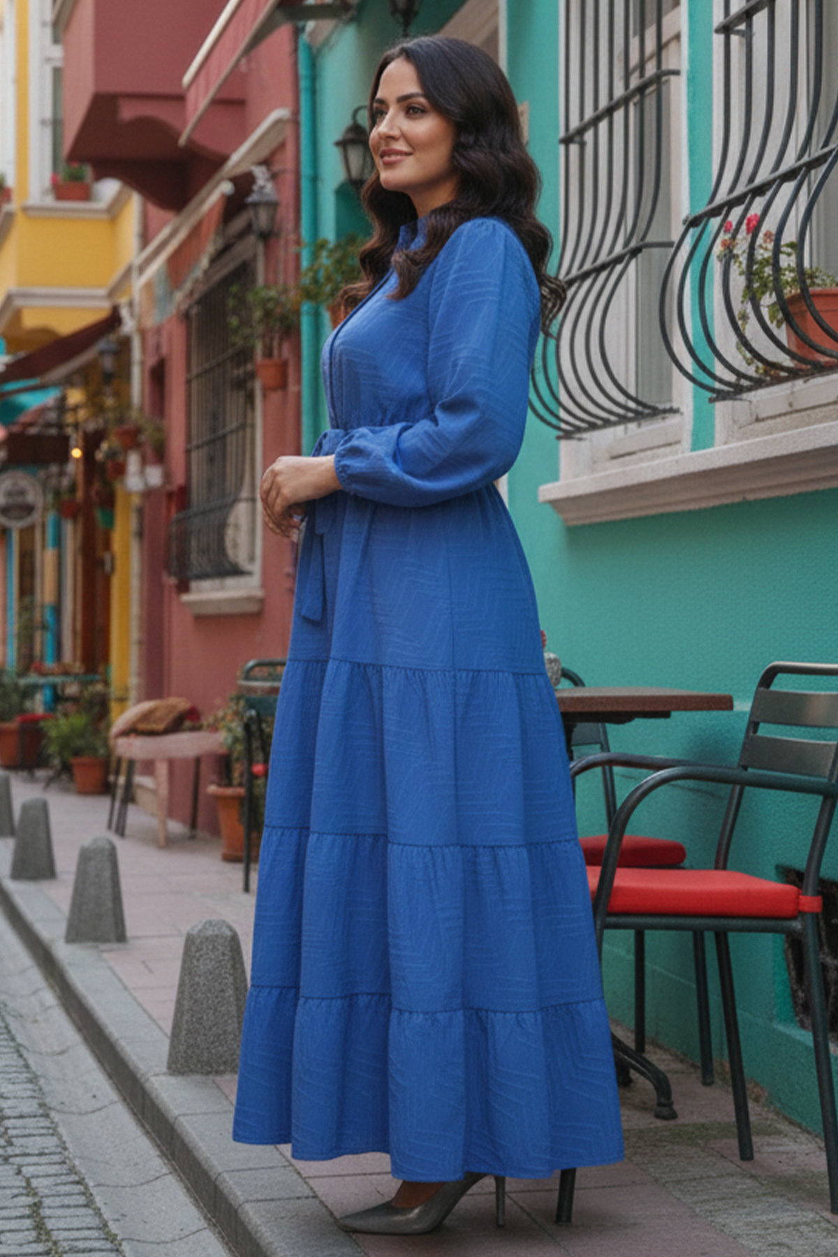 Kabartma Desenli Elbise Mavi 2119