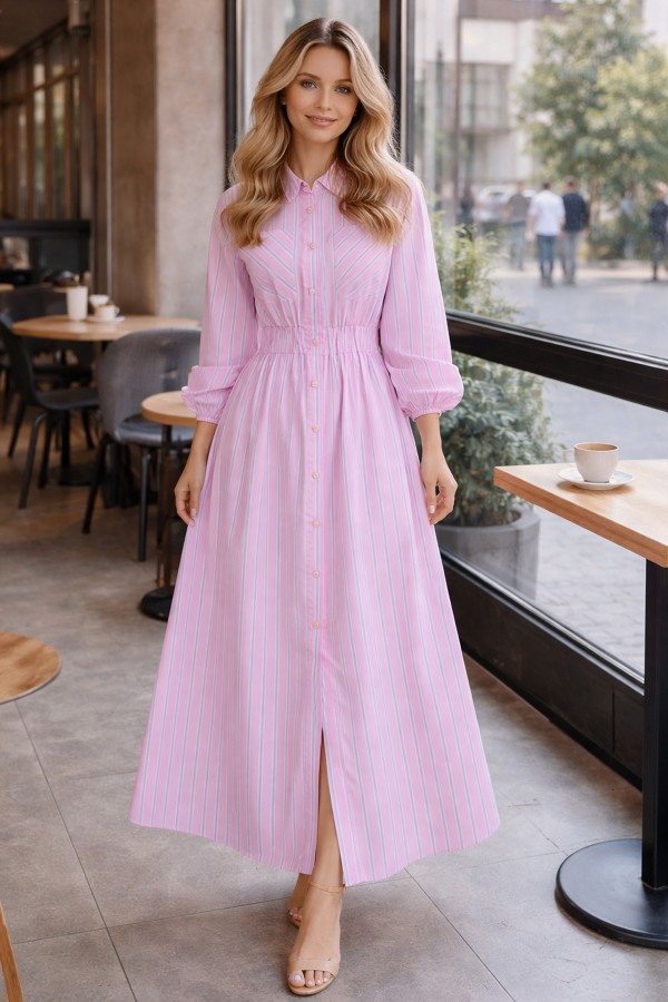 Çizgili Gömlek Elbise Pembe 2132 Çizgili Gömlek Elbise Pembe 2132