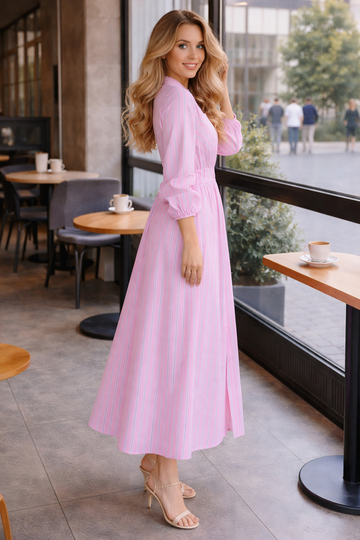 Çizgili Gömlek Elbise Pembe 2132