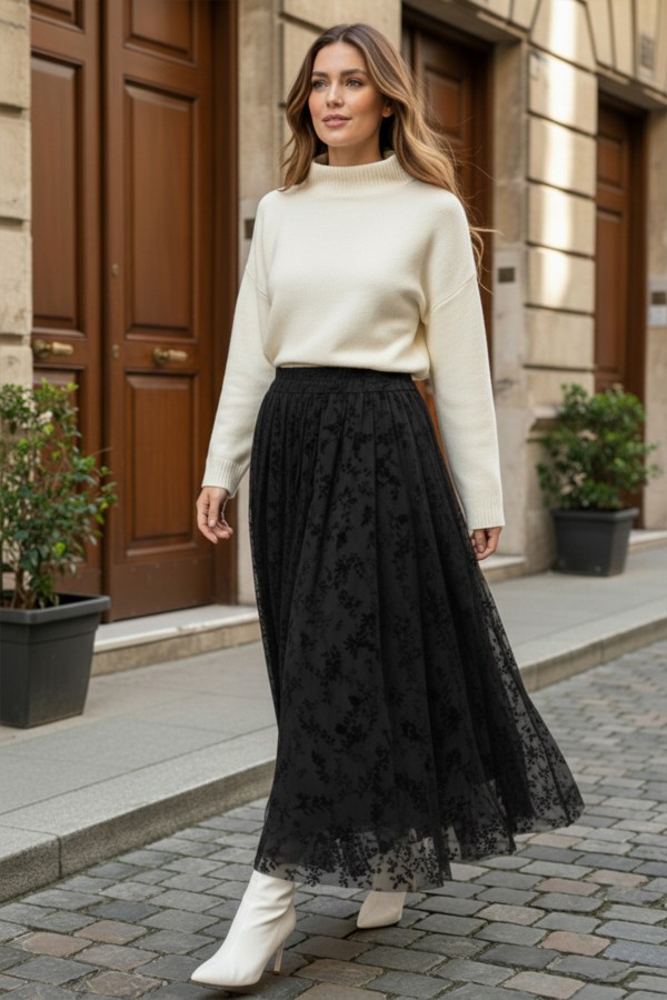 Flok Baskılı Etek K214 Siyah