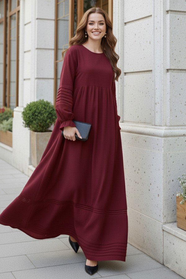 Nervür Detaylı Tesettür Elbise Bordo 2207 Nervür Detaylı Tesettür Elbise Bordo 2207