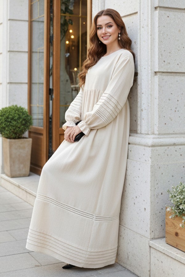 Nervür Detaylı Tesettür Elbise Taş Rengi 2207 Nervür Detaylı Tesettür Elbise Taş Rengi 2207