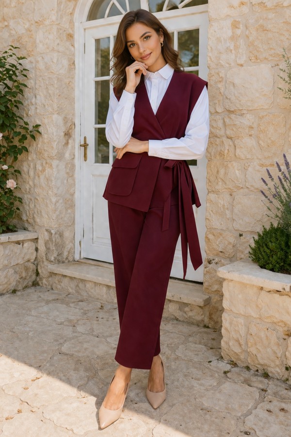 Bağlamalı Yelek Pantolon Takım Bordo 2243 Bağlamalı Yelek Pantolon Takım Bordo 2243