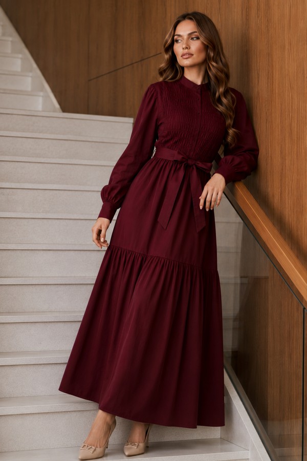 Kuşaklı Tesettür Elbise Bordo 2247 Kuşaklı Tesettür Elbise Bordo 2247