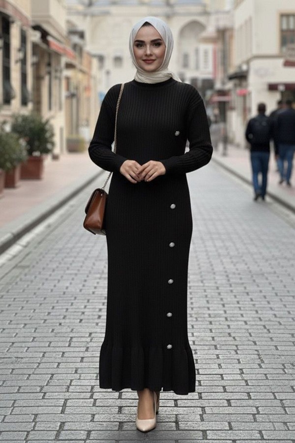 Yan Düğmeli Fırfırlı Elbise H25309 Siyah Yan Düğmeli Fırfırlı Elbise H25309 Siyah