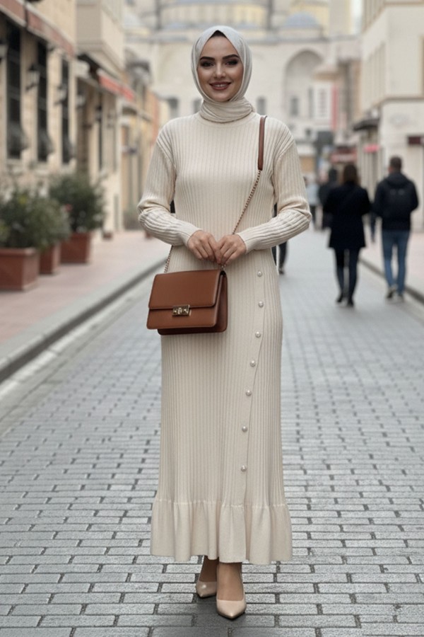 Yan Düğmeli Fırfırlı Elbise H25309 Taş Rengi Yan Düğmeli Fırfırlı Elbise H25309 Taş Rengi