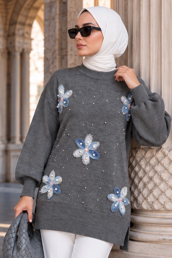 Çiçekli Triko Tunik S3010 Antrasit