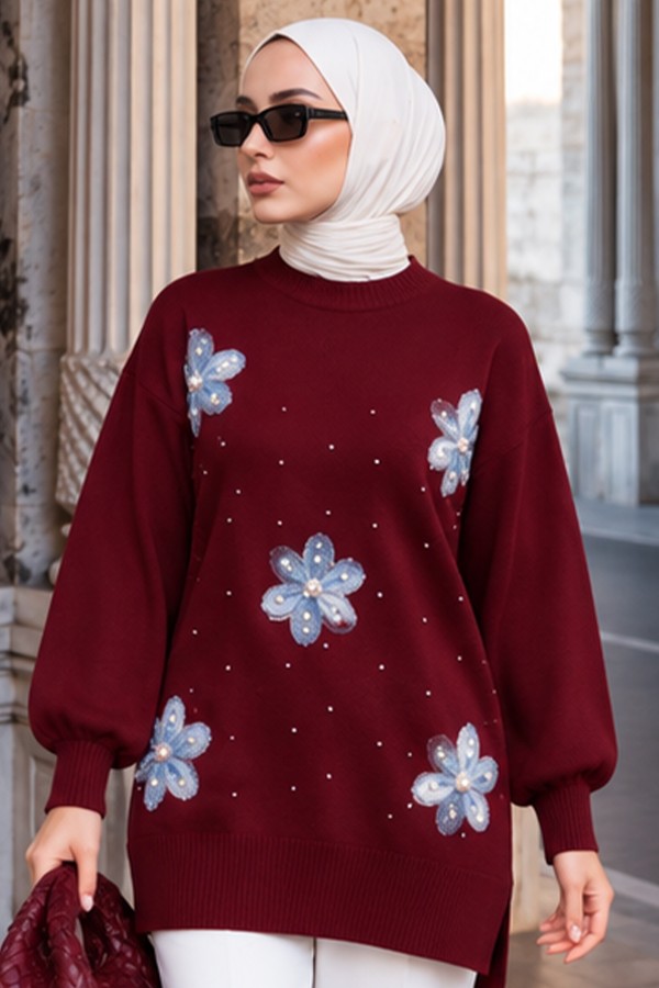 Çiçekli Triko Tunik S3010 Bordo