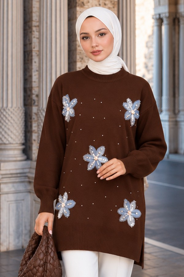 Çiçekli Triko Tunik S3010 Kahverengi