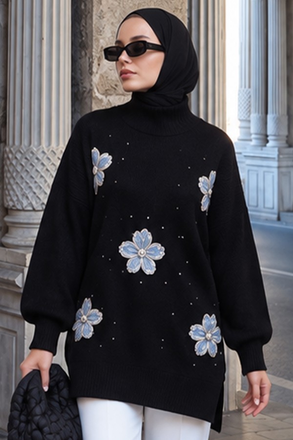 Çiçekli Triko Tunik S3010 Siyah