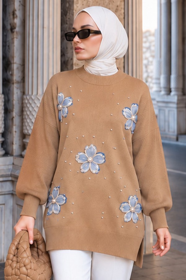 Çiçekli Triko Tunik S3010 Vizon