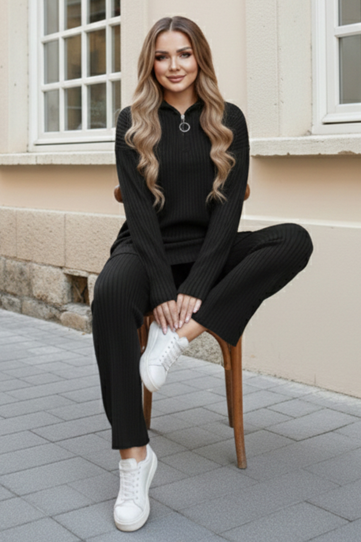  Fermuar Detaylı Fitilli Triko Takım Siyah 3062