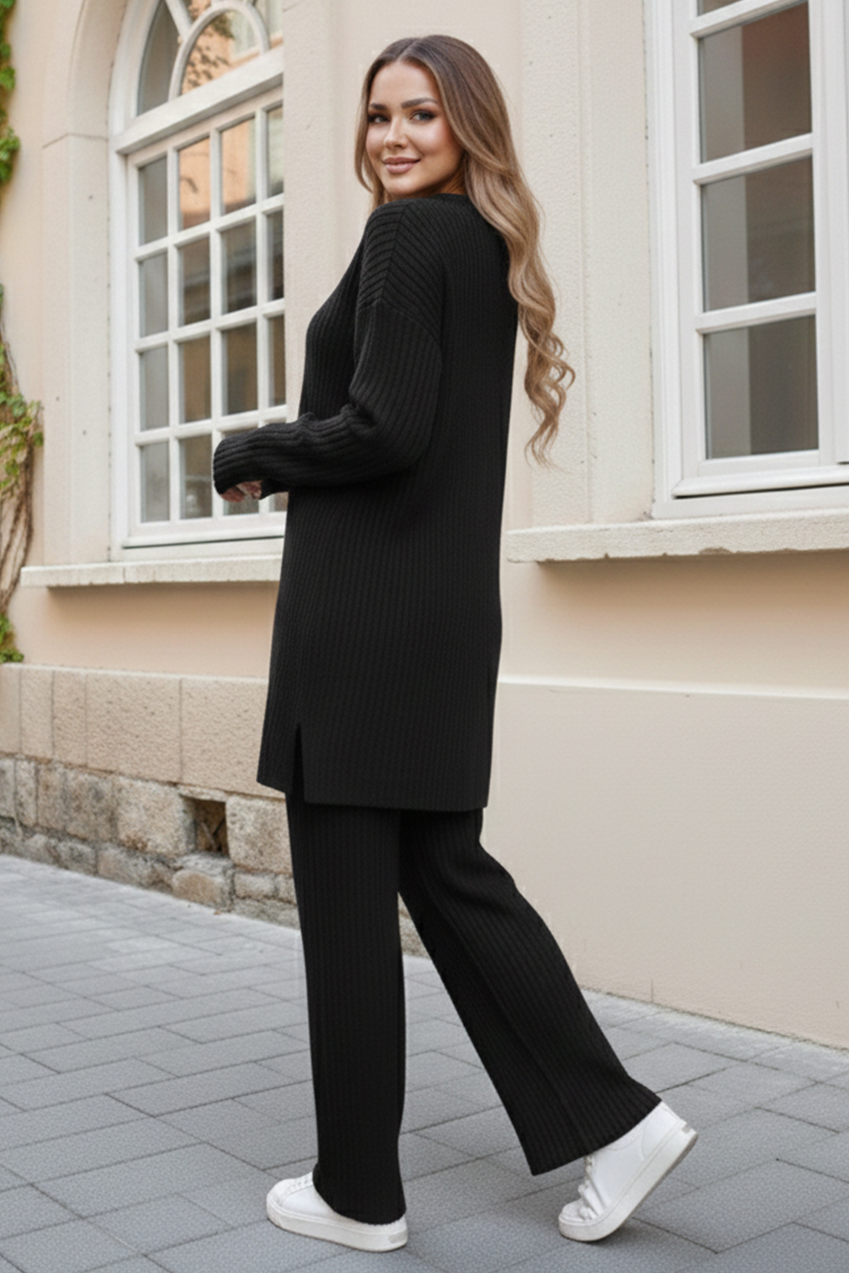  Fermuar Detaylı Fitilli Triko Takım Siyah 3062