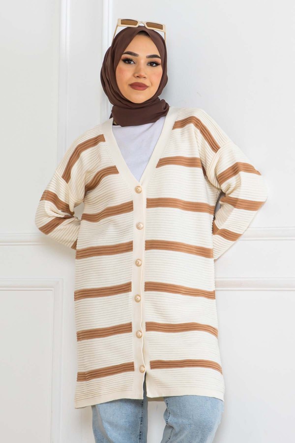 Fitilli Çizgili Triko Hırka Latte 3090 Fitilli Çizgili Triko Hırka Latte 3090