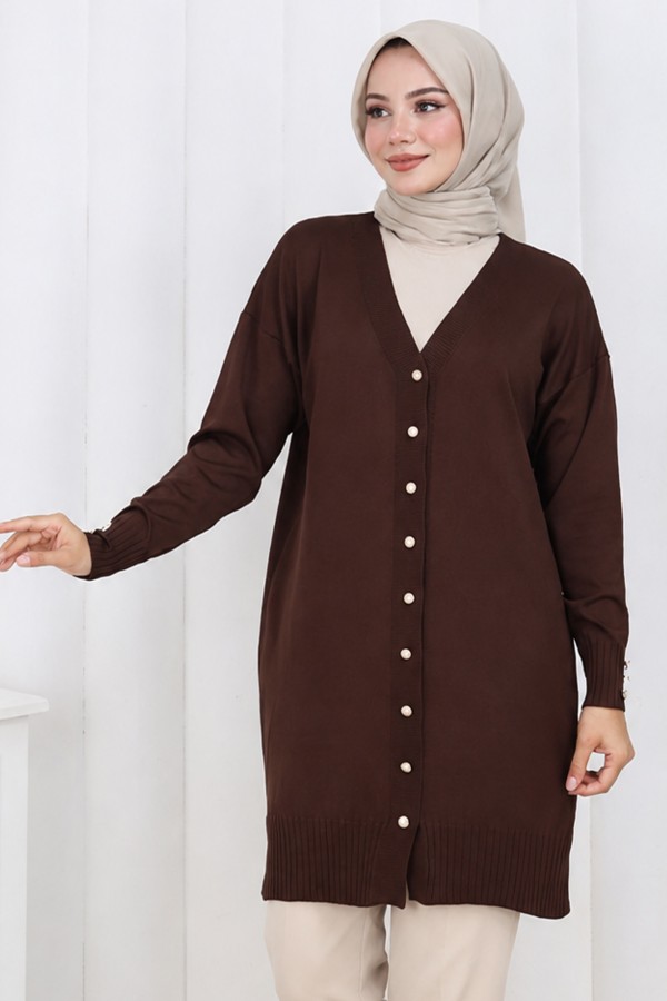 Düğmeli Uzun Merserize Hırka N3176 Kahverengi