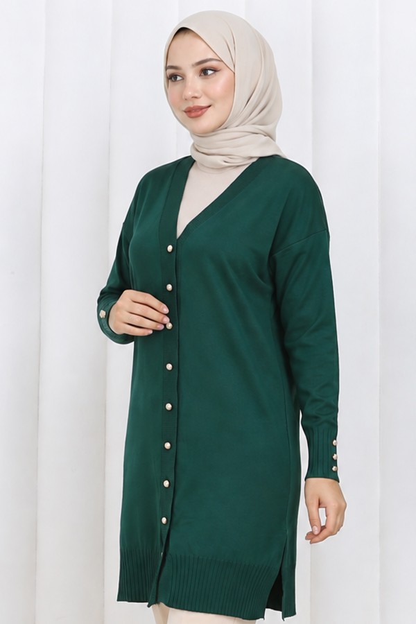 Düğmeli Uzun Merserize Hırka N3176 Zümrüt Yeşili
