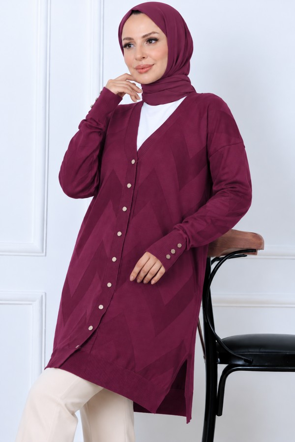 Desenli Uzun Merserize Hırka N3193 Mürdüm Desenli Uzun Merserize Hırka N3193 Mürdüm