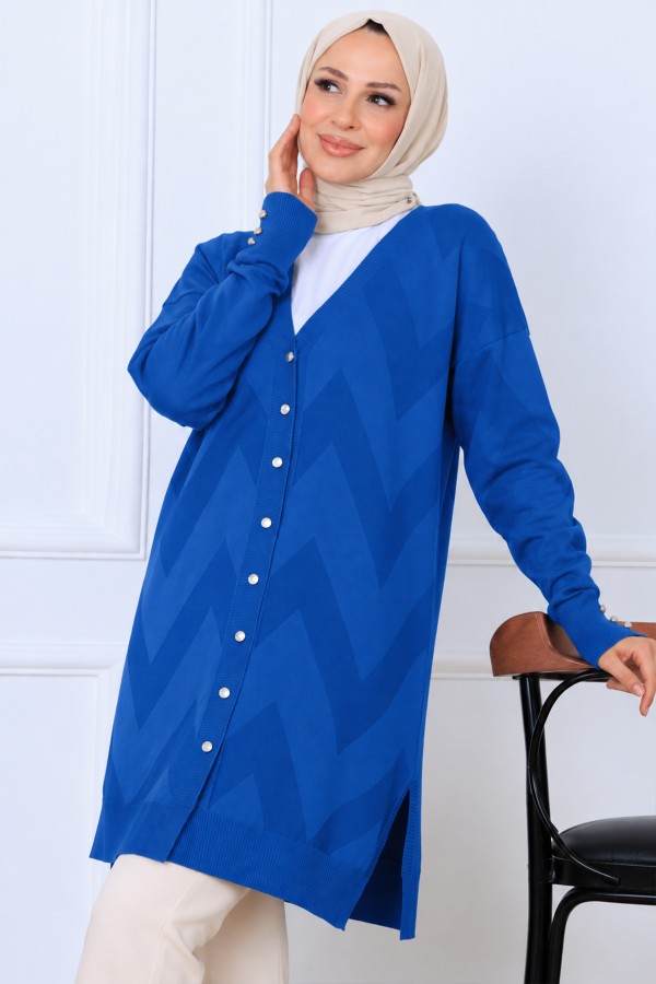 Desenli Uzun Merserize Hırka N3193 Saks Mavisi