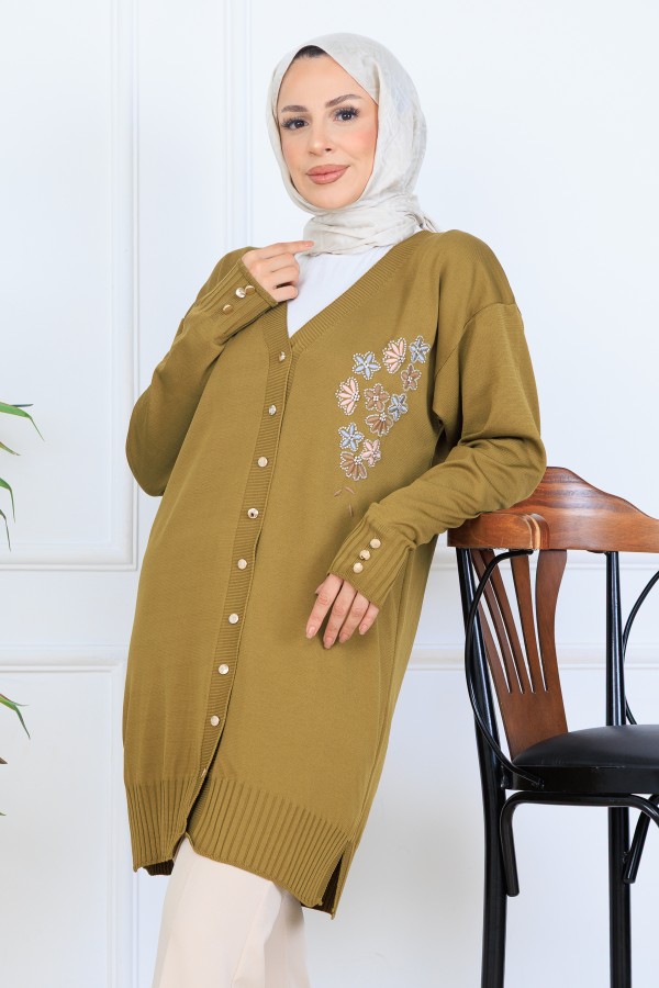 Nakış Detaylı Boncuk İşlemeli Merserize Hırka N3280 Yağ Yeşili Nakış Detaylı Boncuk İşlemeli Merserize Hırka N3280 Yağ Yeşili