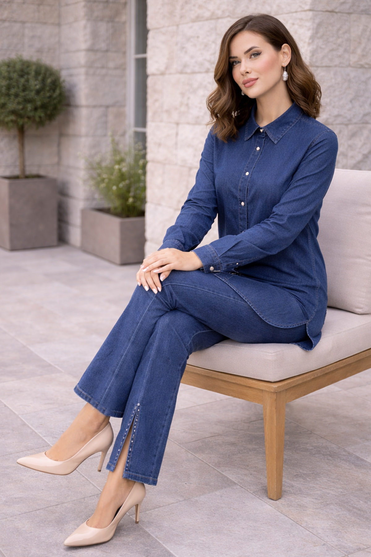  Paçası Yırtmaçlı Taş Detaylı Kot Takım Lacivert 370-1