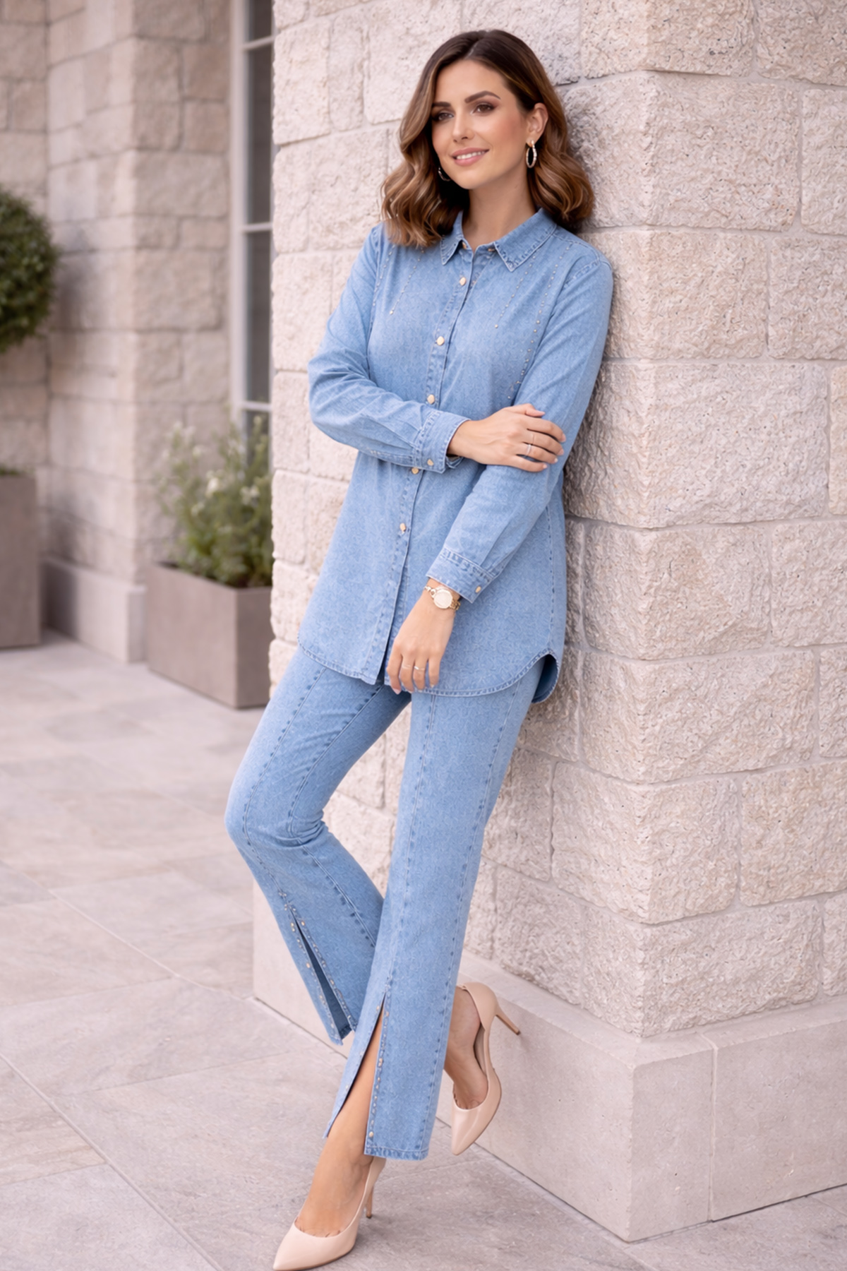 Paçası Yırtmaçlı Taş Detaylı Kot Takım Mavi 370-1 