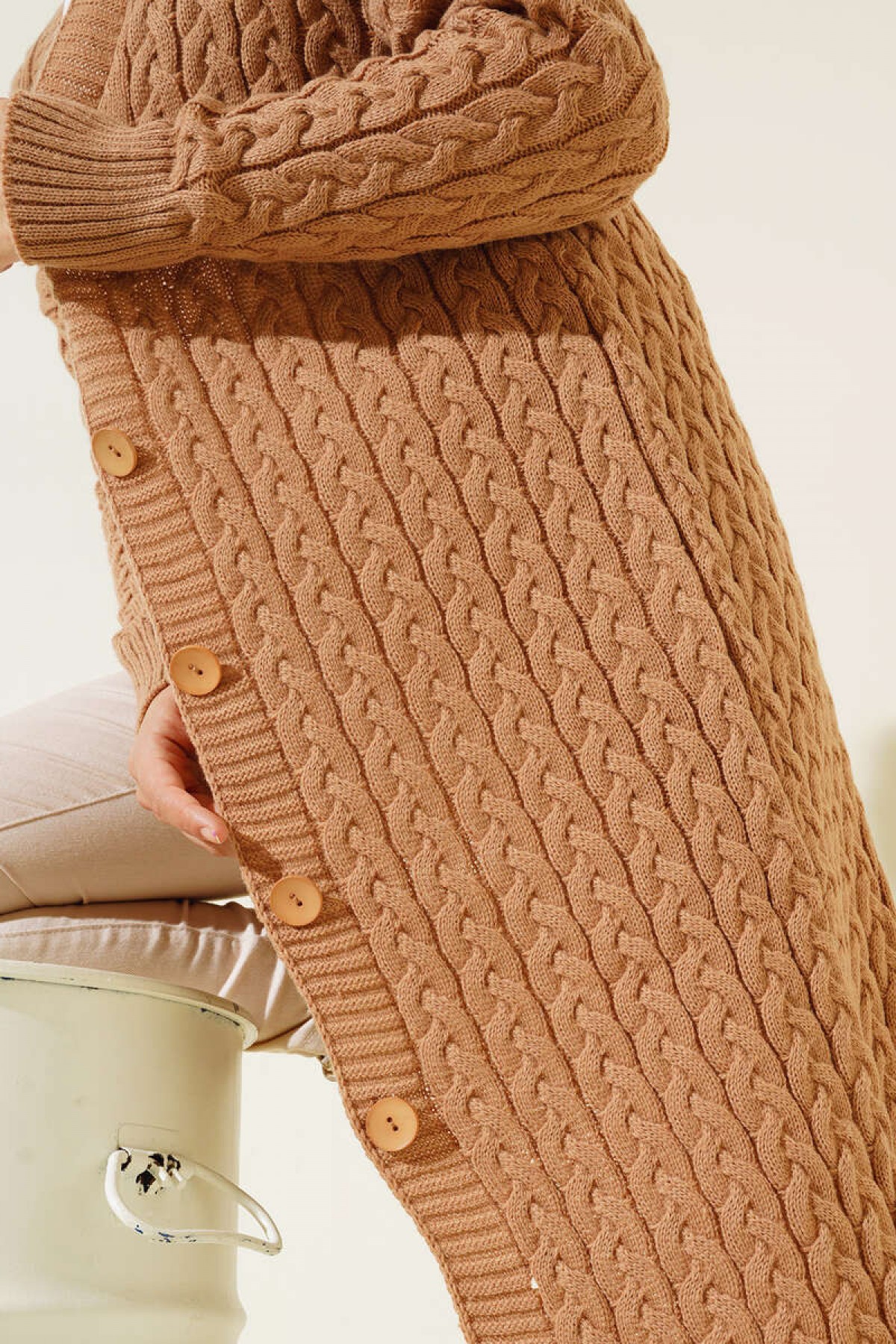 Düğmeli Uzun Triko Hırka Camel 377 Düğmeli Uzun Triko Hırka Camel 377