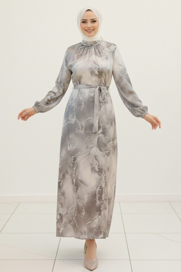 Saten Tesettür Elbise Gri 3991