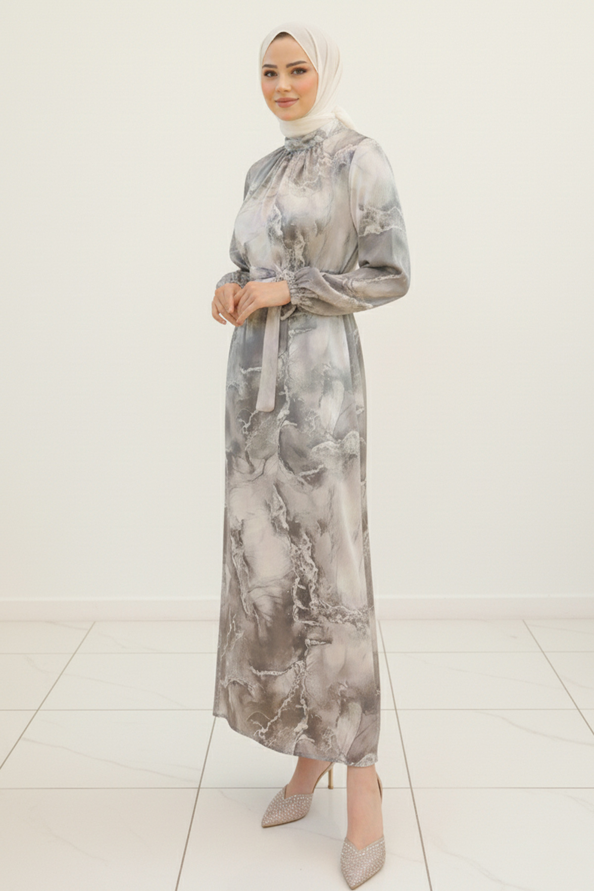  Saten Tesettür Elbise Gri 3991