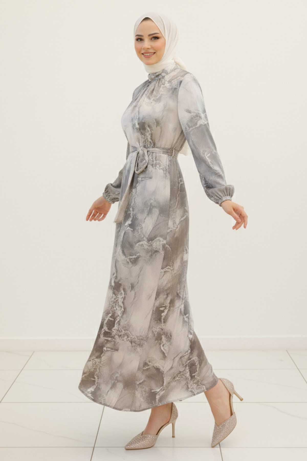  Saten Tesettür Elbise Gri 3991