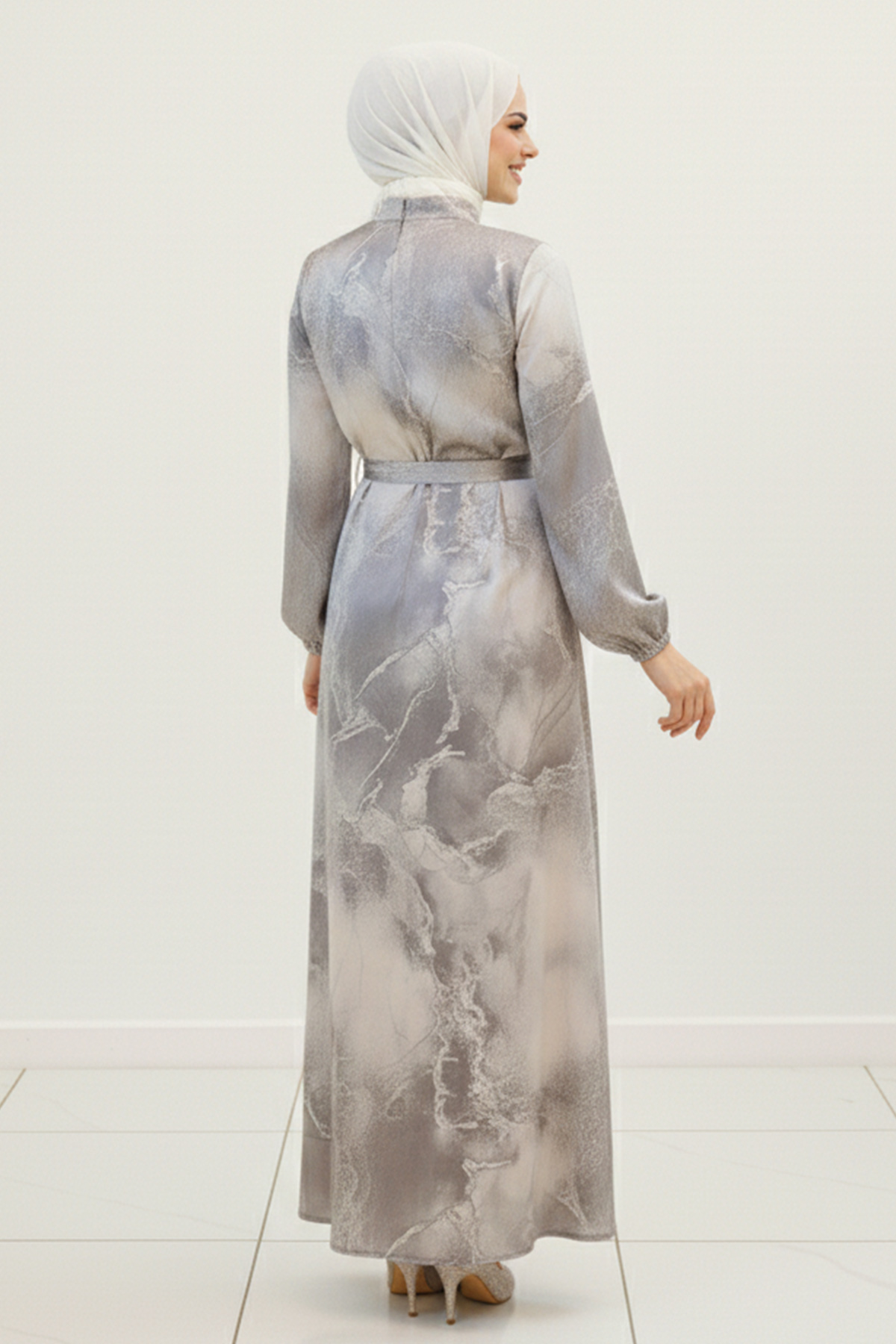  Saten Tesettür Elbise Gri 3991