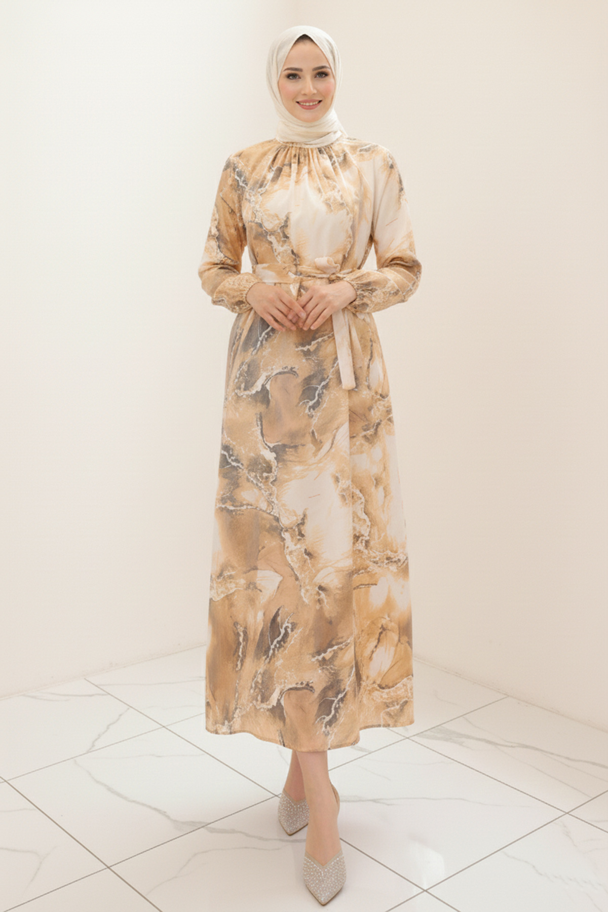  Saten Tesettür Elbise Hardal 3991