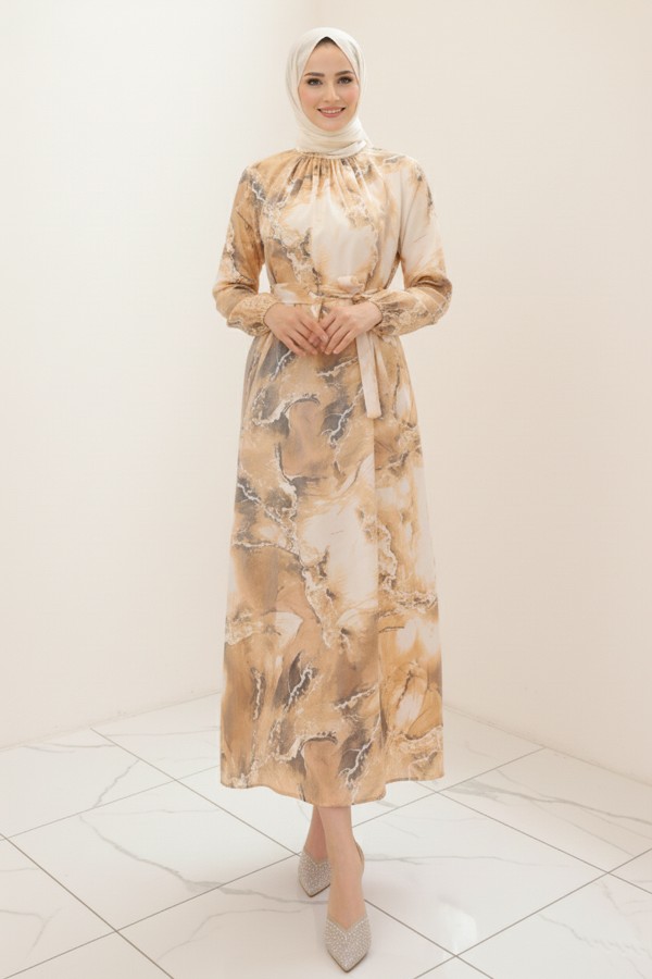  Saten Tesettür Elbise Hardal 3991