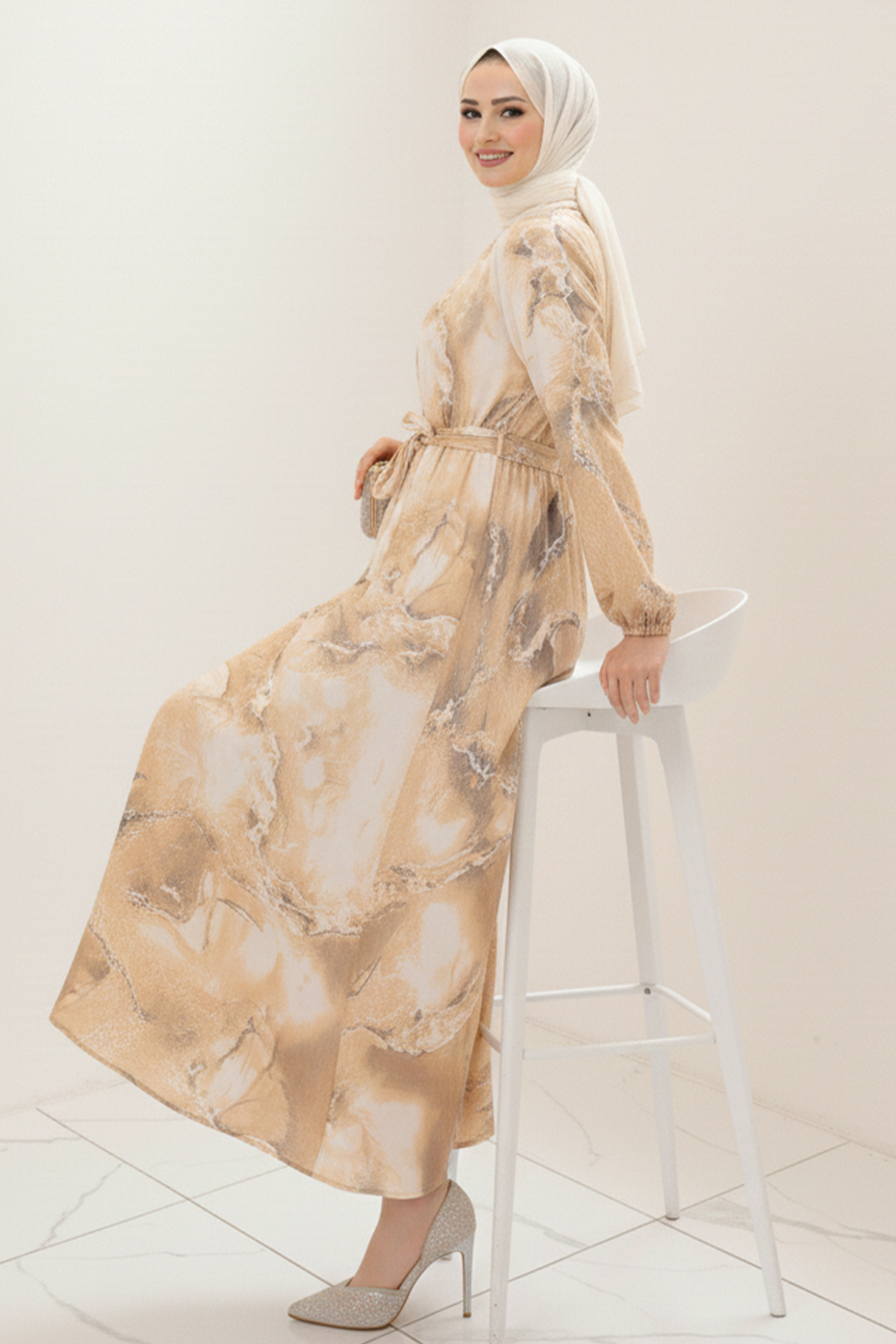  Saten Tesettür Elbise Hardal 3991