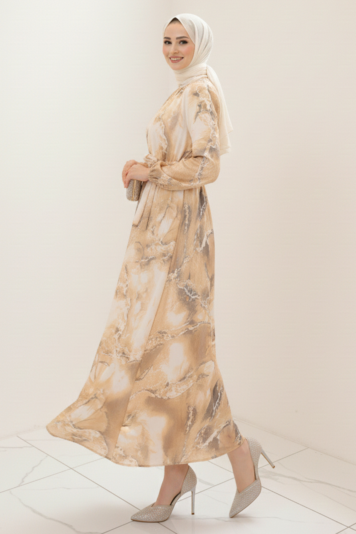  Saten Tesettür Elbise Hardal 3991