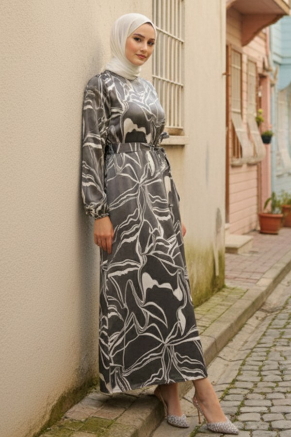  Kuşaklı Desenli Elbise Siyah 4037