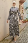  Kuşaklı Desenli Elbise Siyah 4037