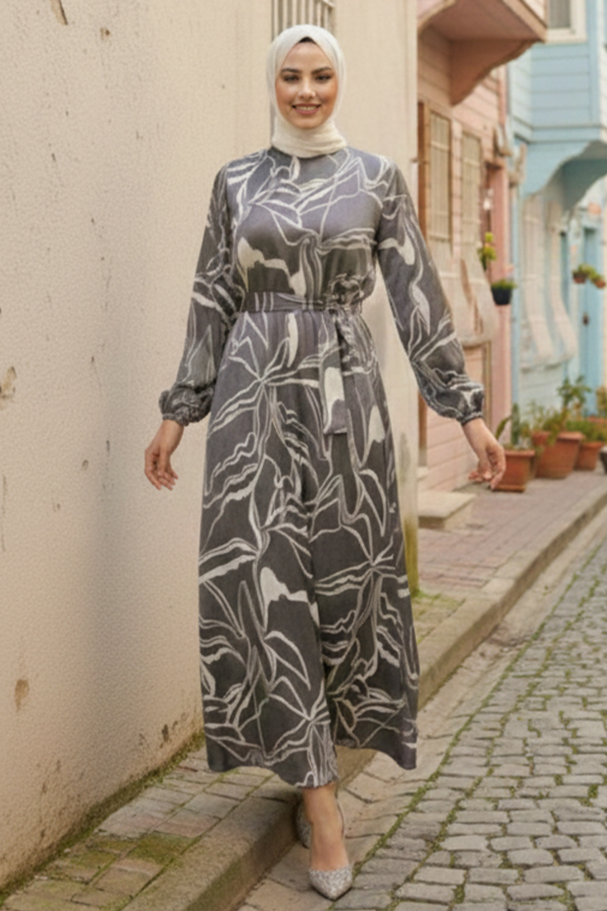  Kuşaklı Desenli Elbise Siyah 4037