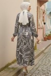 Kuşaklı Desenli Elbise Siyah 4037