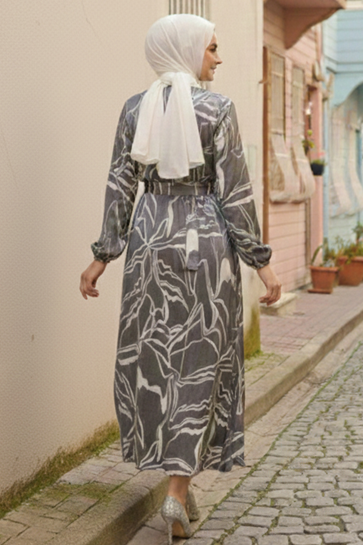  Kuşaklı Desenli Elbise Siyah 4037