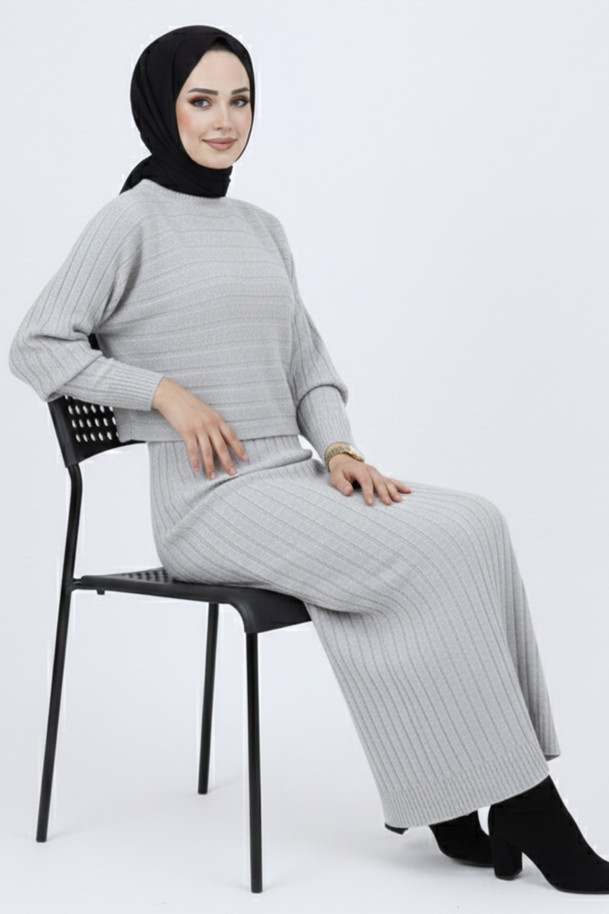 Fitilli Jile Triko Takım Gri 4045 Fitilli Jile Triko Takım Gri 4045