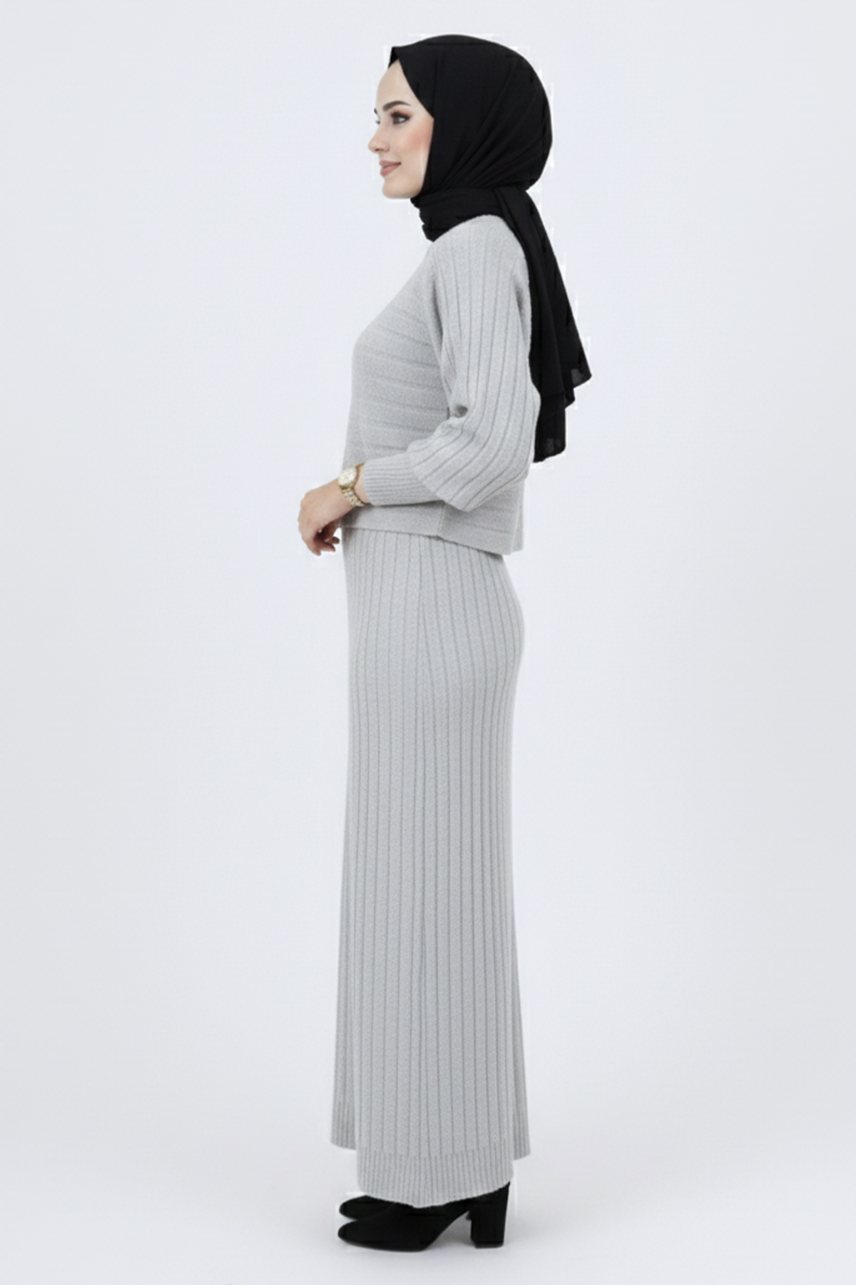 Fitilli Jile Triko Takım Gri 4045 Fitilli Jile Triko Takım Gri 4045