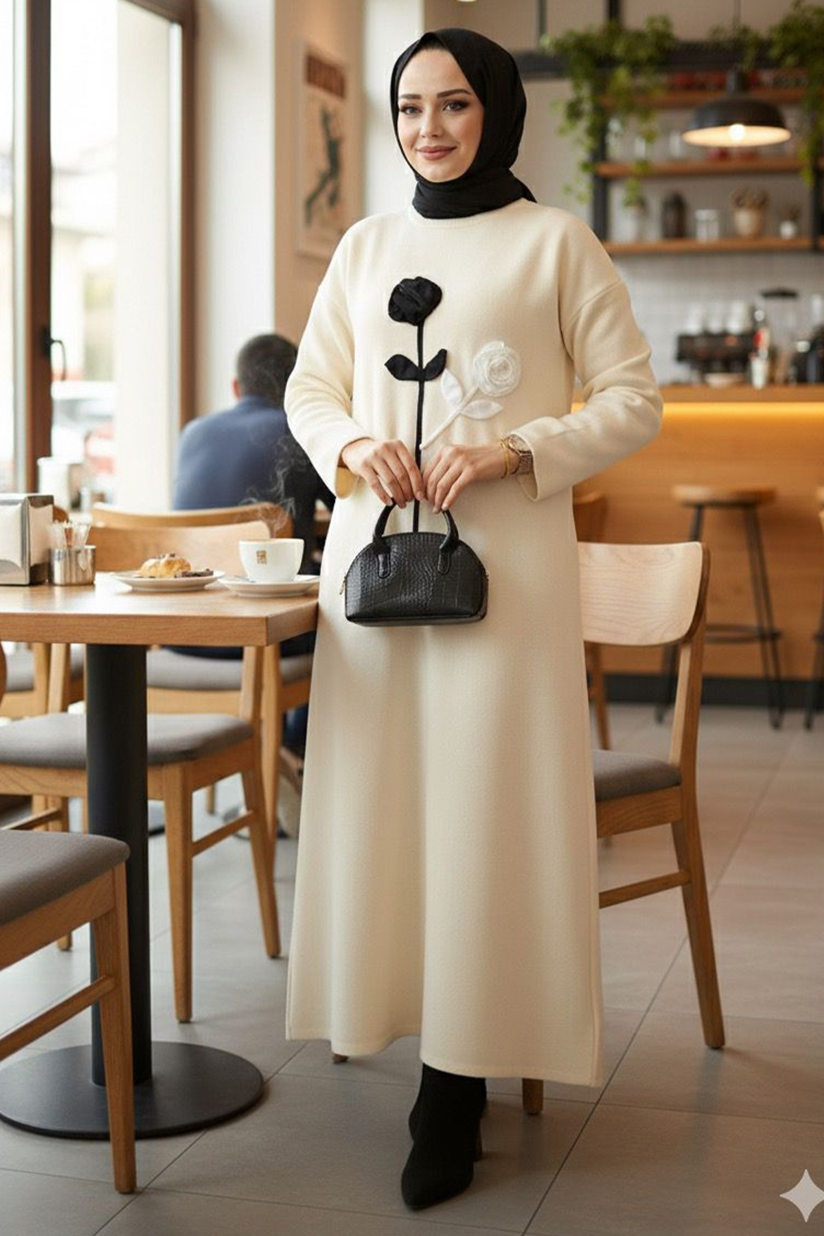 Kabartma Çiçekli Triko Elbise Taş Rengi 4121 Kabartma Çiçekli Triko Elbise Taş Rengi 4121