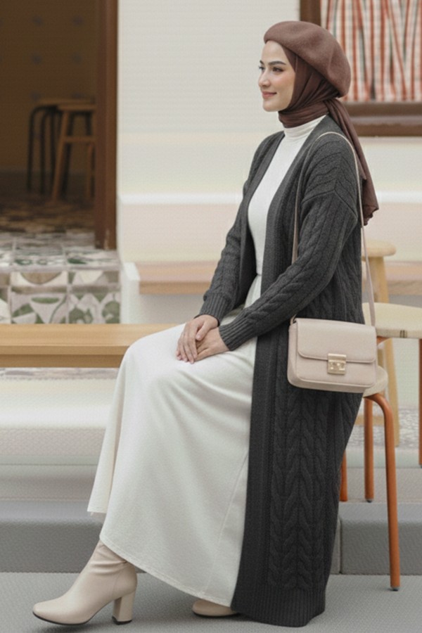 Örgü Desenli Uzun Triko Hırka R4251 Antrasit Örgü Desenli Uzun Triko Hırka R4251 Antrasit