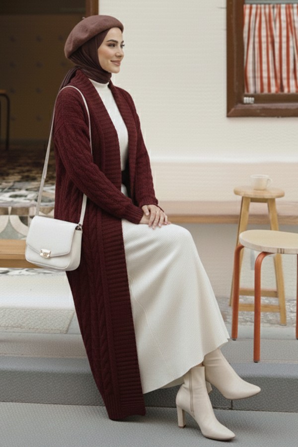 Örgü Desenli Uzun Triko Hırka R4251 Bordo Örgü Desenli Uzun Triko Hırka R4251 Bordo