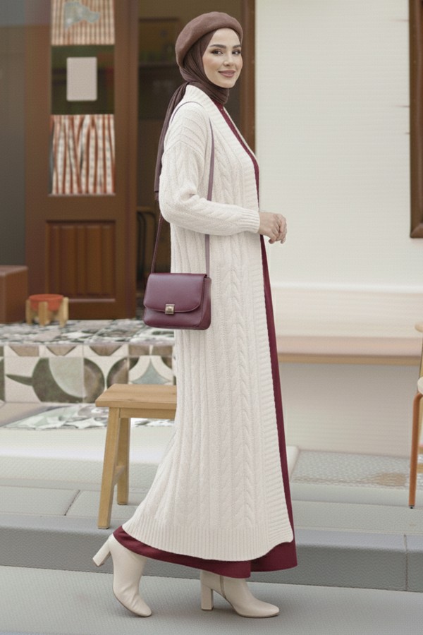 Örgü Desenli Uzun Triko Hırka R4251 Ekru Örgü Desenli Uzun Triko Hırka R4251 Ekru